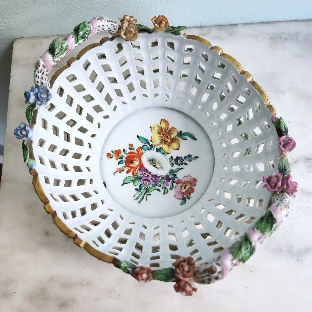 Vintage‎ Dresden Floral Porcelain Basket Reticulated Bowl Handles Cottage Decor